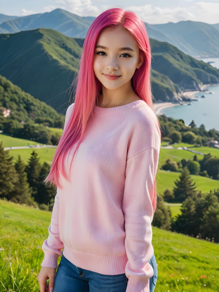 a beautiful (((pretty young teen girl))), with long, silky, shiny straight neon pink hair, wearing a thin, sweater, her hair extends beyond her shoulders, she looks cheerfully at the viewer, perfect curved body, natural backdrop