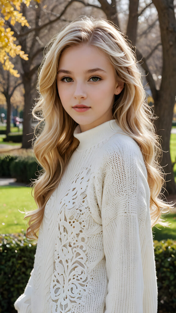 a (((beautiful teen girl with long, blond soft hair and brown eyes))), who exudes a distinct (((sharpness))), coupled with (((pale skin))) and (((vividly hued lips))) that curve into a (((wavy hairstyle))), dressed in a (((white sweater))), adorned with delicate, intricate patterns that reflect the (sunny park) backdrop