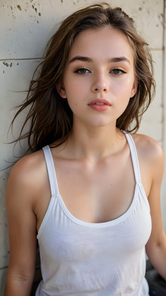 a (((beautiful young teen girl))) (((detailed perspective from above))), clad in a (((tank top))), with delicate features and (full, kissable lips), soft long straight hair, she closed her eyes and opened her mouth slightly.