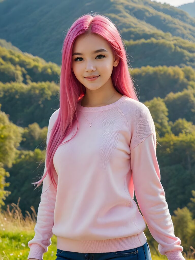 a beautiful (((pretty young teen girl))), with long, silky, shiny straight neon pink hair, wearing a thin, sweater, her hair extends beyond her shoulders, she looks cheerfully at the viewer, perfect curved body, natural backdrop