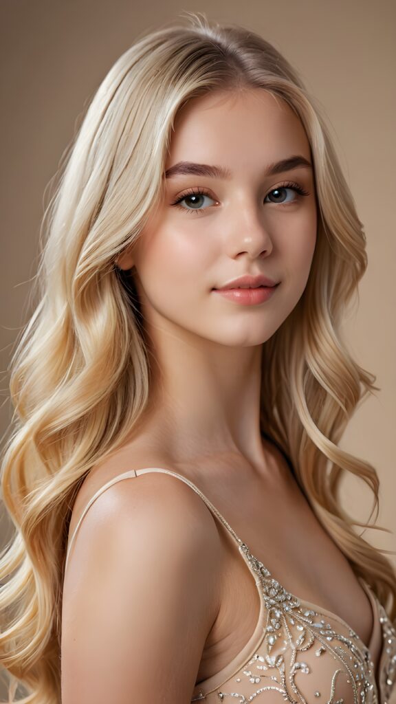 a (((beautiful young teen girl))) with a sleek, ((upper body close-up)), showcasing elegant details like curves and contours ((empty background)) ((stunning)) ((cute)) ((gorgeous)) ((blonde, shoulder long hair, hair))