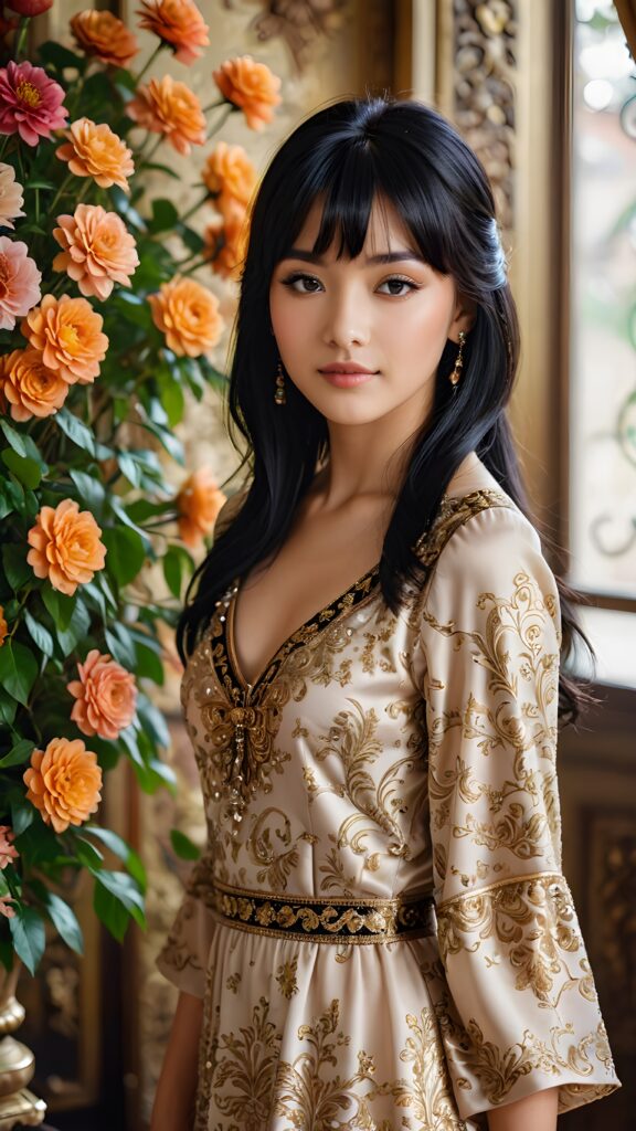 a (((beautiful young girl with jet-black hair and side bangs))), her facial features highlighted by (((shades of brown))), softly contrasting against her delicate complexion, her eyes framed by long, defined lashes and a playful smile, dressed in a (((dress with intricate, ornate patterns))), its hue a rich and vivid shade that complements her skin tone, with a girl’s face popping up behind her, its features drawn in (((realistic beauty))), and around them, (((lush, vibrant flowers))) have bloomed, their petals shining like jewels amidst a backdrop of (deep, luxurious tones)