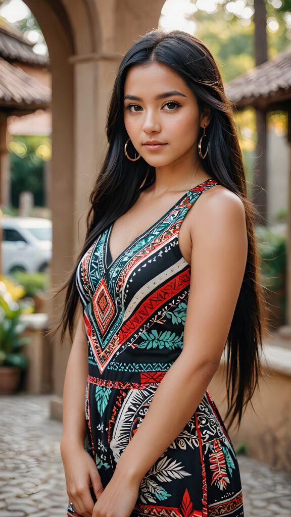 a beautiful Latino girl with long straight black hair wearing a tribal print dress