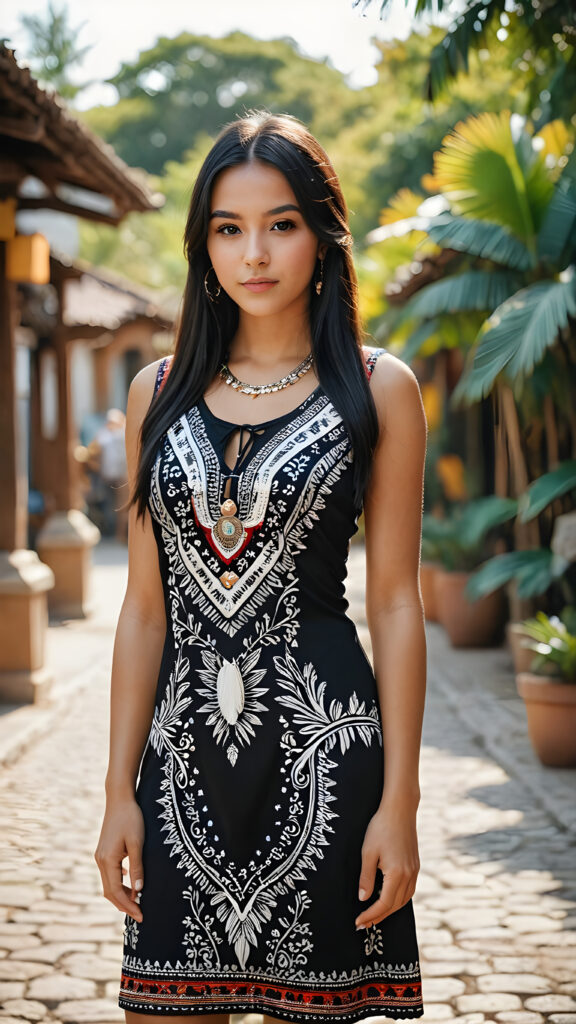 a beautiful Latino girl with long straight black hair wearing a tribal print dress