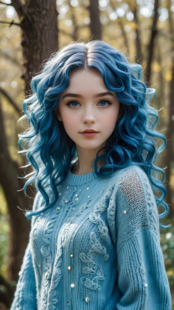 a (((beautiful young teen girl))), with pale skin and (((shiny blue flecks))), along with luxuriously wavy, (((blue hair curls))), wearing a super fine, (((wool sweater))), reminiscent of the iconic Filigree style, set against a (((softly detailed, fantastical environment))) that exudes a (((whimsically magical aura))), with intricate details that evoke a (((sparkling, shimmering wonder)))