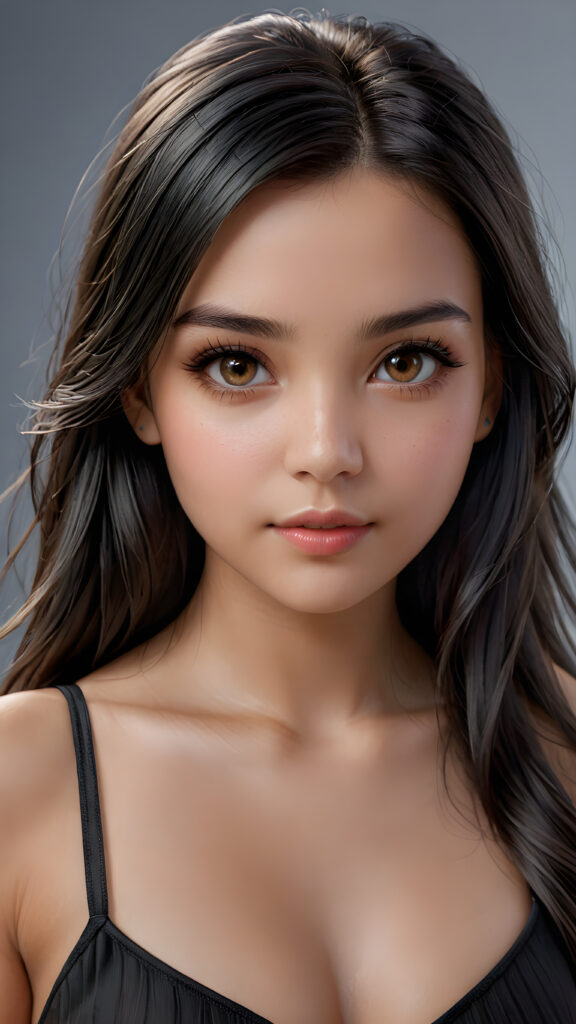 a (((beautiful young girl))) with long, straight black hair and (realistic) dark brown eyes, perfect for showcasing extremely detailed curved body, highly detailed realistic anatomy, realistic digital painting, (((looks at the camera)))