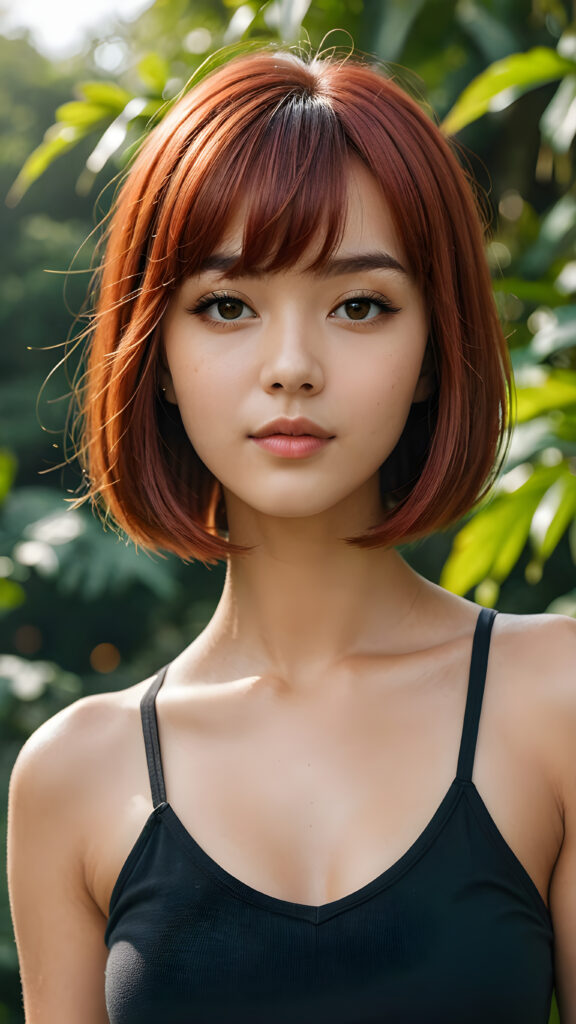 a (((beautiful girl))) with a (((bob cut hair style, bangs))), ((soft straight red hair)), accompanied by (((volumetric lighting))) that bring out the (masterpiece) details, all against a (natural green sunny backdrop) that focuses on the (face) and its intricate, (hyper-realistic) features, captures the essence of (digital art), ((black dressed in an short tank top))