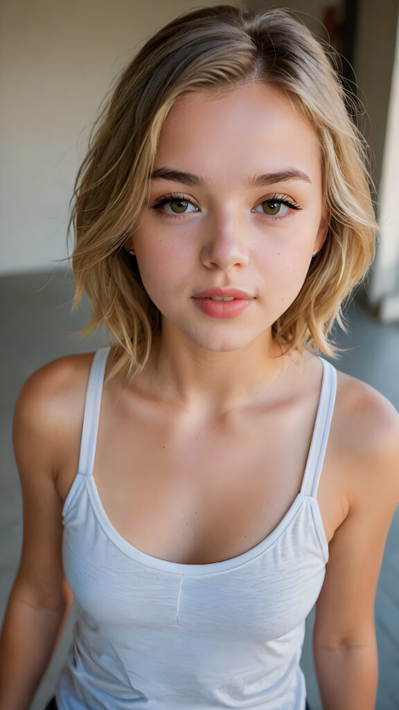 a (((beautiful young teen girl))) (((detailed perspective from above))), clad in a (((plain tank top with deep v-neck))), with delicate features and (full, kissable lips), she closed her eyes and opened her mouth slightly, she has long, straight soft blond hair