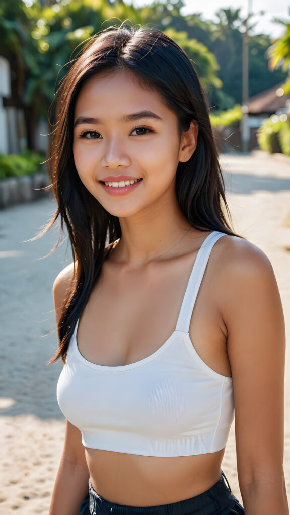 a beautiful (((Indonesian teen girl, 13 years old))), with long, jet soft (((black hair))), styled in a sleek, shiny, straight haircut with sharp, defined (((full lips))), emitting an ethereal glow that complements her otherwise natural features, dressed in a (((white plain short cropped tank top))), you can see her navel, she radiates pure joy, smile, perfect white teeth, against a sunny backdrop