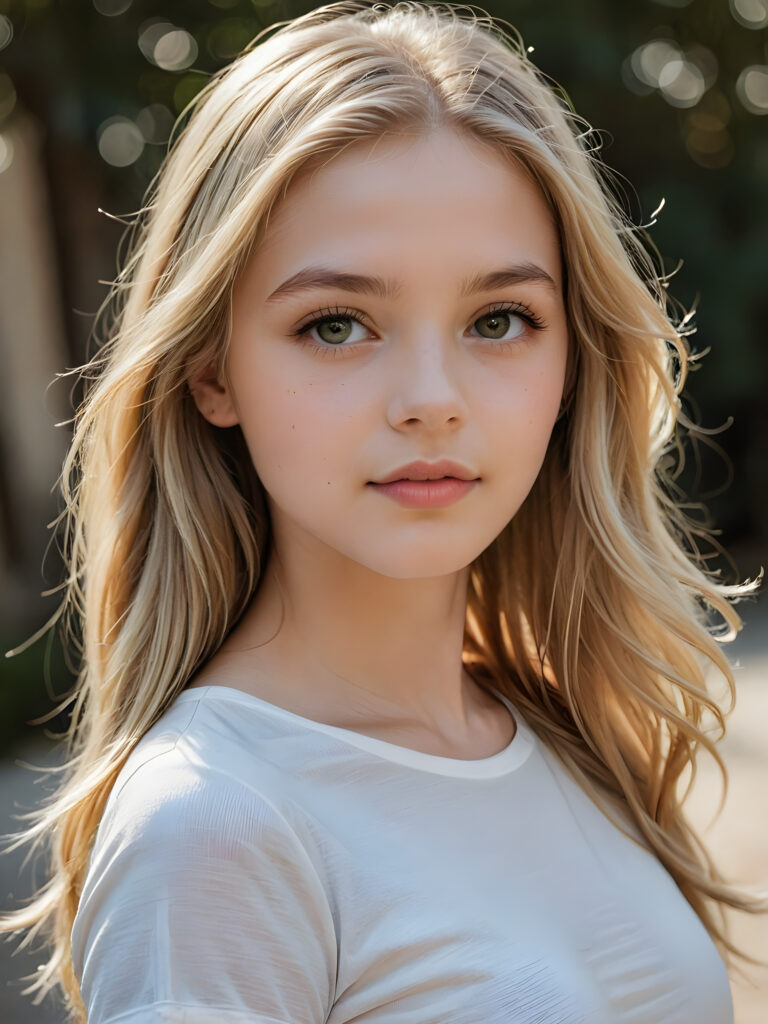 a beautiful and detailed portrait of a young and pretty white-skinned model girl, 14 years old, long straight soft blonde hair falls over her shoulders, she wears a thin short t-shirt, big shining eyes, full lips, her skin is flawlessly beautiful, she has a wonderfull curved body ((side view))