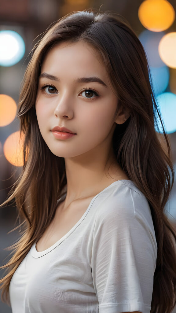 a beautiful and detailed portrait of a young girl, long, straight hair falls over her shoulders, she wears a thin t-shirt and looks seductively at the viewer with her big shining eyes, full lips and mouth slightly open, her silvery skin is flawlessly beautiful, side view, upper body