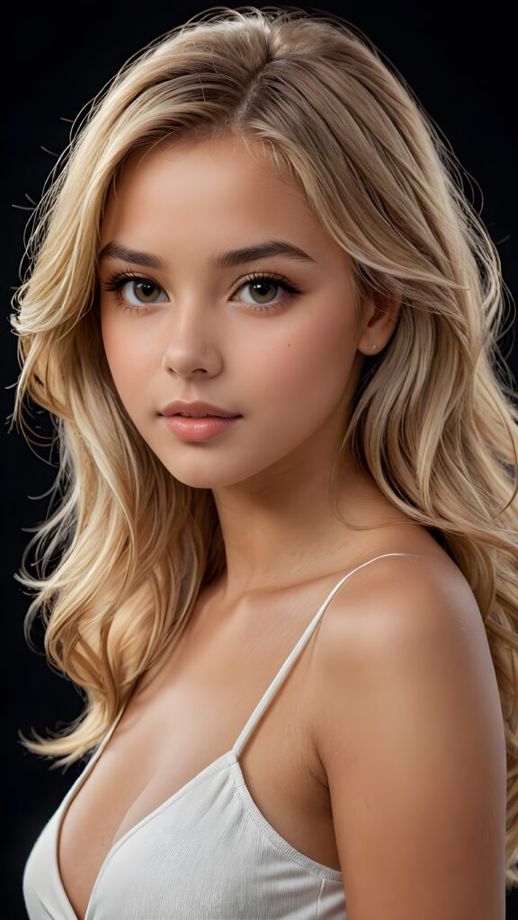 a beautiful and detailed portrait of a young and pretty tanned busty girl, 14 years old, long straight soft blonde hair falls over her shoulders, she wears a thin short t-shirt with deep v-neck and looks seductively at the viewer with her big shining eyes, full lips, her skin is flawlessly beautiful, she has a wonderfull curved body ((side view))