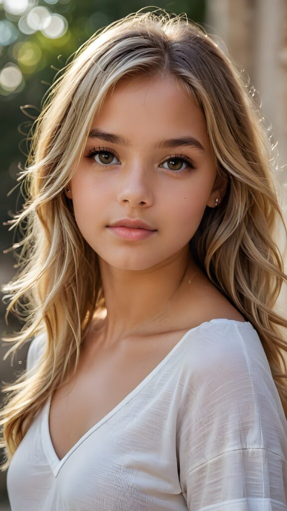 a beautiful and detailed portrait of a young and pretty tanned model girl, 14 years old, long straight soft blonde hair falls over her shoulders, she wears a thin short t-shirt with deep v-neck and looks seductively at the viewer with her big shining eyes, full lips, her skin is flawlessly beautiful, she has a wonderfull curved body ((side view))