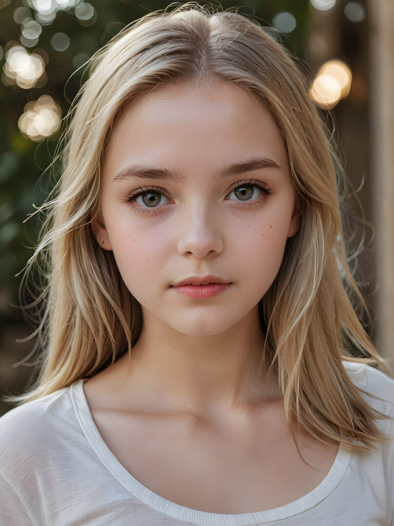 a beautiful and detailed portrait of a young and pretty white-skinned sad model girl, 14 years old, long straight soft blonde hair falls over her shoulders, she wears a thin short t-shirt and looks at the viewer with her big shining eyes, full lips, her skin is flawlessly beautiful, she has a wonderfull curved body ((side view))