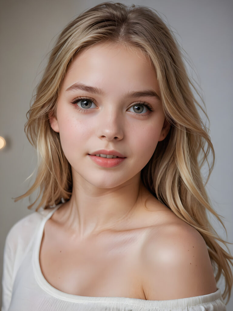 a beautiful and detailed portrait of a young and pretty white-skinned model girl, 14 years old, long straight soft blonde hair falls over her shoulders, she wears a thin short t-shirt and looks very happy an seductively at the viewer with her big shining eyes, full lips and mouth slightly open, her skin is flawlessly beautiful, she has a wonderfull curved body ((side view))