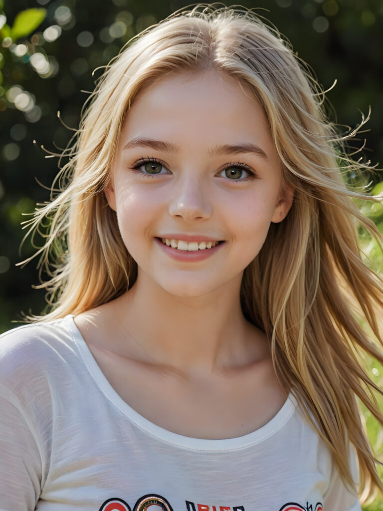 a beautiful and detailed portrait of a young and pretty white-skinned model girl, in absolute joy and happiness, 14 years old, long straight soft blonde hair falls over her shoulders, she wears a thin short t-shirt, big shining eyes, full lips, her skin is flawlessly beautiful, she has a wonderfull curved body ((side view))