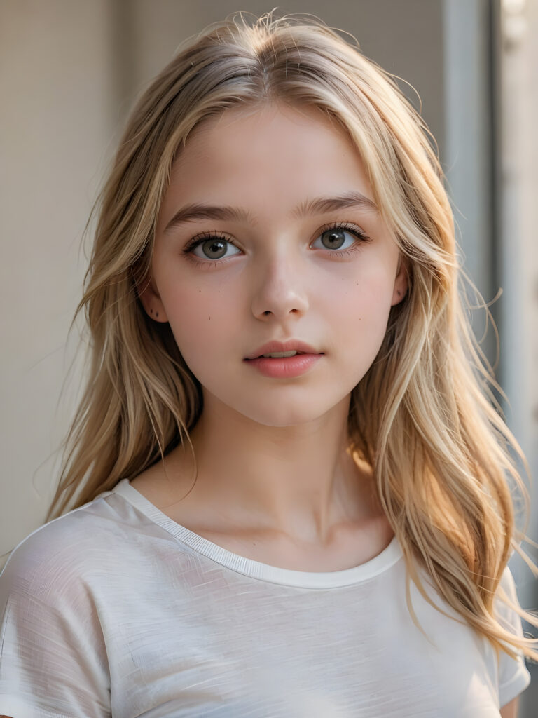 a beautiful and detailed portrait of a young and pretty white-skinned model girl, 14 years old, long straight soft blonde hair falls over her shoulders, she wears a thin short t-shirt and looks at the viewer with her big shining eyes, full lips and mouth slightly open, her skin is flawlessly beautiful, she has a wonderfull curved body ((side view))