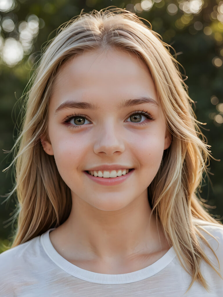 a beautiful and detailed portrait of a young and pretty white-skinned model girl, 14 years old, long straight soft blonde hair falls over her shoulders, she wears a thin short t-shirt and looks at the viewer with her big shining eyes, she smile, full lips and mouth slightly open, her skin is flawlessly beautiful, she has a wonderfull curved body