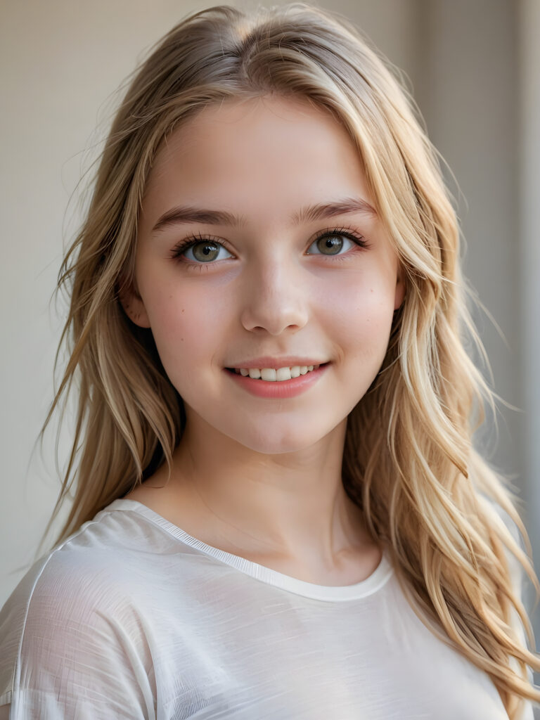 a beautiful and detailed portrait of a young and pretty white-skinned model girl, 14 years old, long straight soft blonde hair falls over her shoulders, she wears a thin short t-shirt and looks at the viewer with her big shining eyes, she smile, full lips and mouth slightly open, her skin is flawlessly beautiful, she has a wonderfull curved body