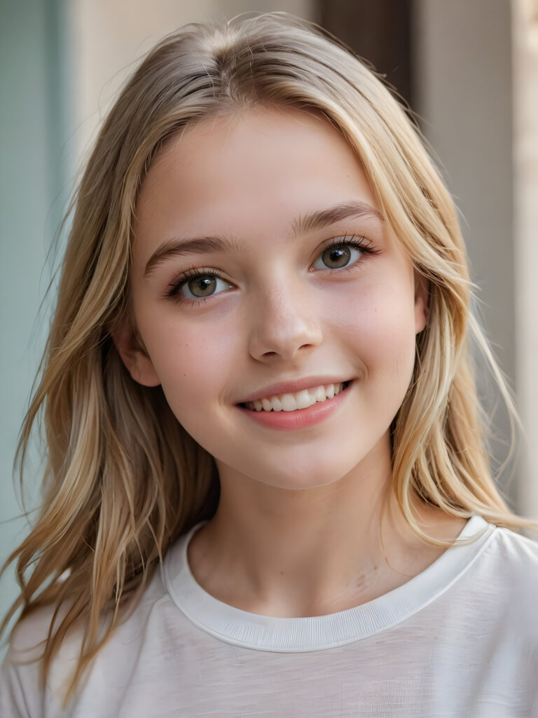 a beautiful and detailed portrait of a young and pretty white-skinned model girl, 14 years old, long straight soft blonde hair falls over her shoulders, she wears a thin short t-shirt and looks at the viewer with her big shining eyes, she smile, full lips and mouth slightly open, her skin is flawlessly beautiful, she has a wonderfull curved body