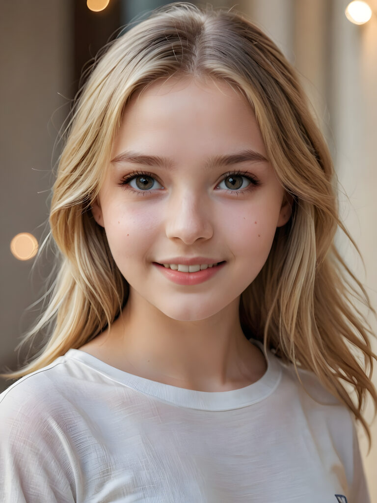 a beautiful and detailed portrait of a young and pretty white-skinned model girl, 14 years old, long straight soft blonde hair falls over her shoulders, she wears a thin short t-shirt and looks at the viewer with her big shining eyes, she smile, full lips and mouth slightly open, her skin is flawlessly beautiful, she has a wonderfull curved body