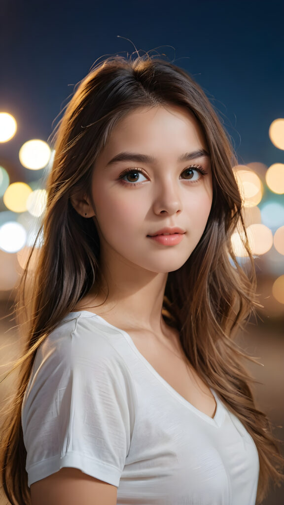 a beautiful and detailed portrait of a young girl, long, straight hair falls over her shoulders, she wears a thin t-shirt and looks seductively at the viewer with her big shining eyes, full lips and mouth slightly open, her silvery skin is flawlessly beautiful, side view, upper body