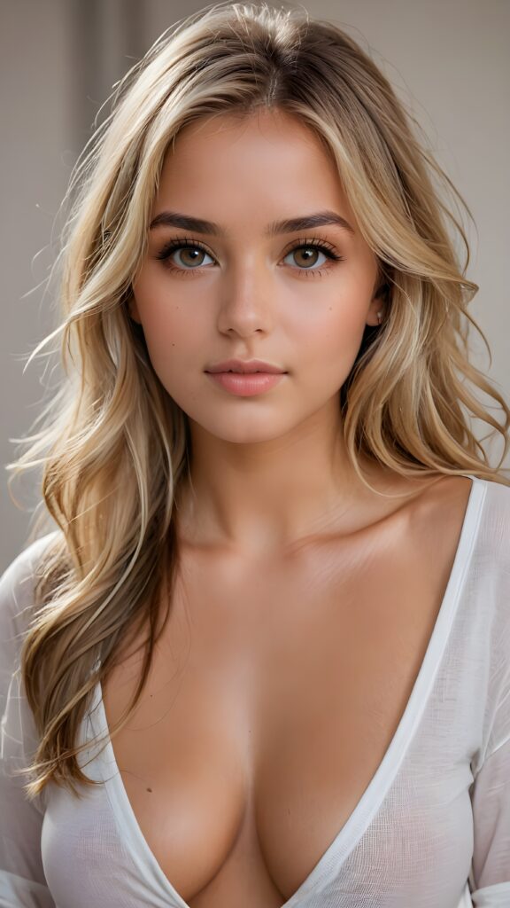 a beautiful and detailed portrait of a young, busty and pretty tanned model girl, long straight soft blonde hair falls over her shoulders, she wears a thin short t-shirt with deep v-neck and looks seductively at the viewer with her big shining eyes, full lips, her skin is flawlessly beautiful, she has a wonderfull curved body ((side view))