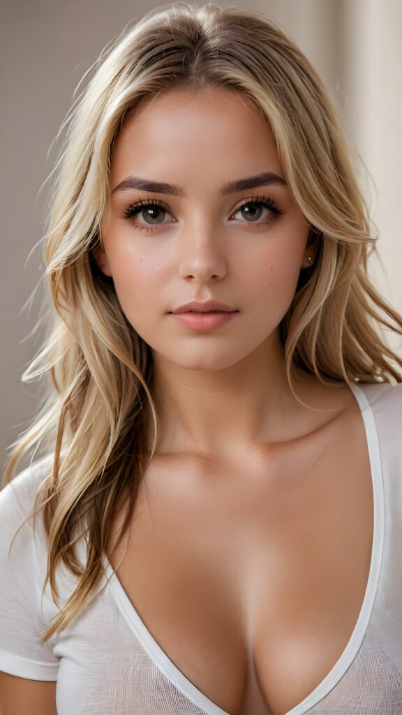 a beautiful and detailed portrait of a young, busty and pretty tanned model girl, long straight soft blonde hair falls over her shoulders, she wears a thin short t-shirt with deep v-neck and looks seductively at the viewer with her big shining eyes, full lips, her skin is flawlessly beautiful, she has a wonderfull curved body ((side view))