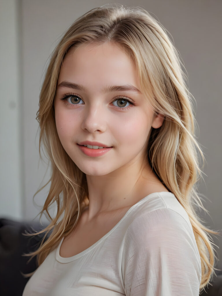 a beautiful and detailed portrait of a young and pretty white-skinned model girl, 14 years old, long straight soft blonde hair falls over her shoulders, she wears a thin short t-shirt and looks very happy an seductively at the viewer with her big shining eyes, full lips and mouth slightly open, her skin is flawlessly beautiful, she has a wonderfull curved body ((side view))