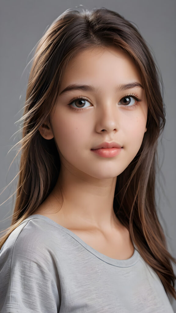 a beautiful and detailed portrait of a young girl, 13 years old, long, straight brown hair falls over her shoulders, she wears a thin t-shirt and looks seductively at the viewer with her big shining eyes, full lips and mouth slightly open, her silvery skin is flawlessly beautiful, side view, upper body, ((grey background))