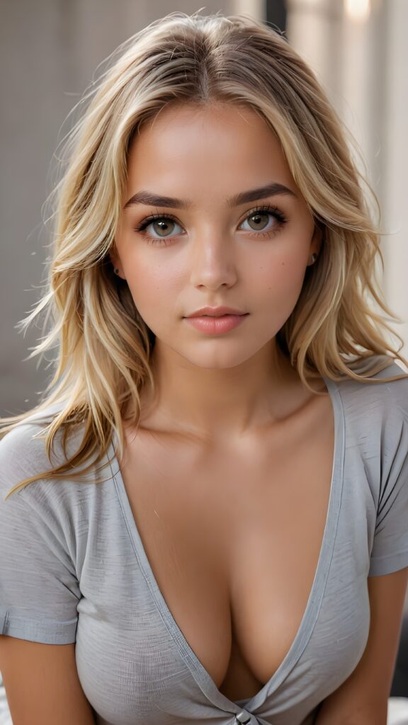 a beautiful and detailed portrait of a young, busty and pretty tanned model girl, long straight soft blonde hair falls over her shoulders, she wears a thin short t-shirt with deep v-neck and looks seductively at the viewer with her big shining eyes, full lips, her skin is flawlessly beautiful, she has a wonderfull curved body ((side view))