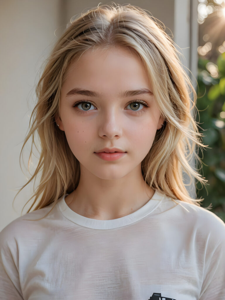 a beautiful and detailed portrait of a young and pretty white-skinned model girl, 14 years old, long straight soft blonde hair falls over her shoulders, she wears a thin short t-shirt and looks at the viewer with her big shining eyes, full lips and mouth slightly open, her skin is flawlessly beautiful, she has a wonderfull curved body ((side view))