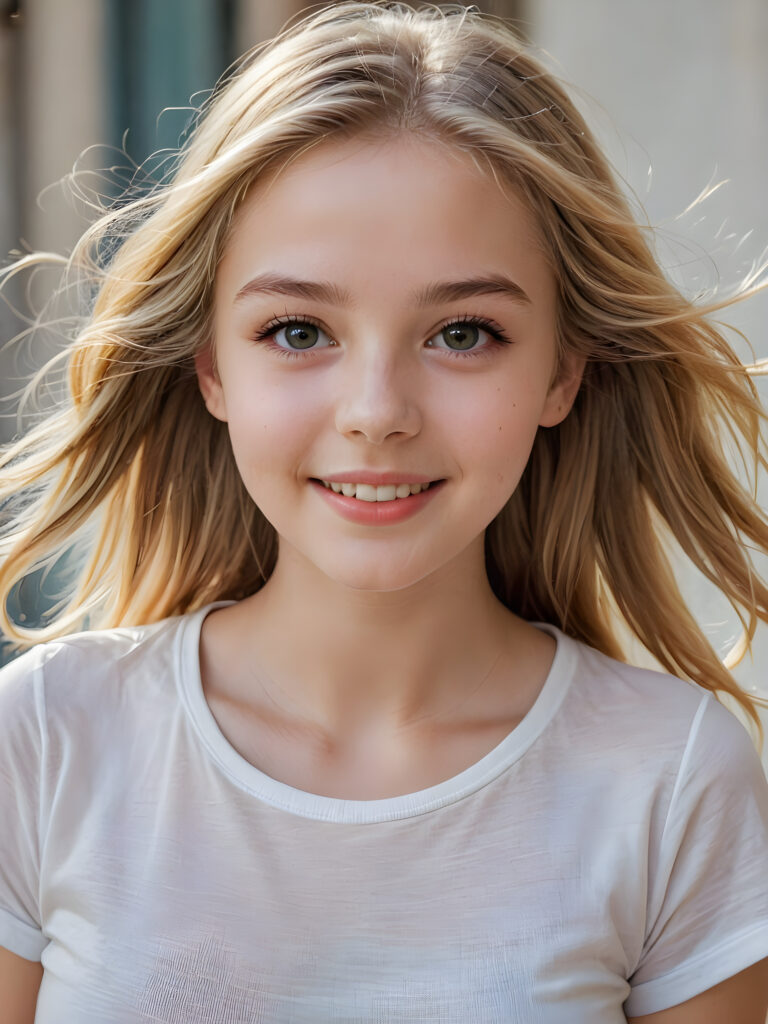 a beautiful and detailed portrait of a young and pretty white-skinned model girl, in absolute joy and happiness, 14 years old, long straight soft blonde hair falls over her shoulders, she wears a thin short t-shirt, big shining eyes, full lips, her skin is flawlessly beautiful, she has a wonderfull curved body ((side view))