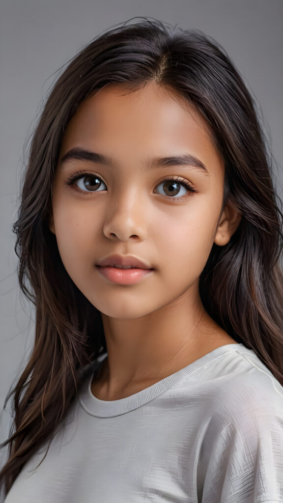 a beautiful and detailed portrait of a young brown-skinned girl, 13 years old, long, straight obsidian hair falls over her shoulders, she wears a thin t-shirt and looks seductively at the viewer with her big shining eyes, full lips and mouth slightly open, her silvery skin is flawlessly beautiful, side view, upper body, ((grey background))