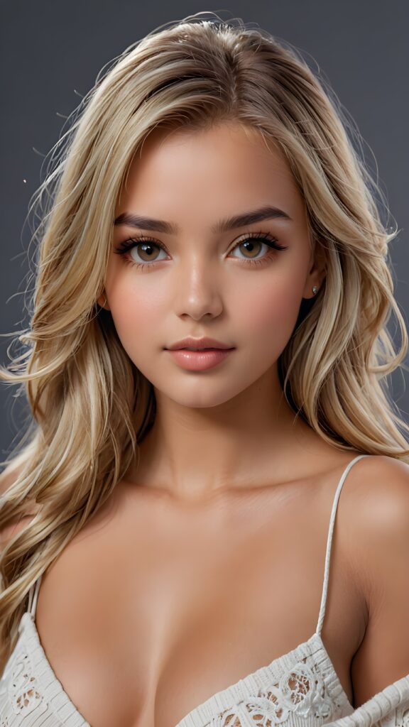 a beautiful and detailed portrait of a young and pretty tanned busty girl, 14 years old, long straight soft blonde hair falls over her shoulders, she wears a thin short t-shirt with deep v-neck and looks seductively at the viewer with her big shining eyes, full lips, her skin is flawlessly beautiful, she has a wonderfull curved body ((side view))