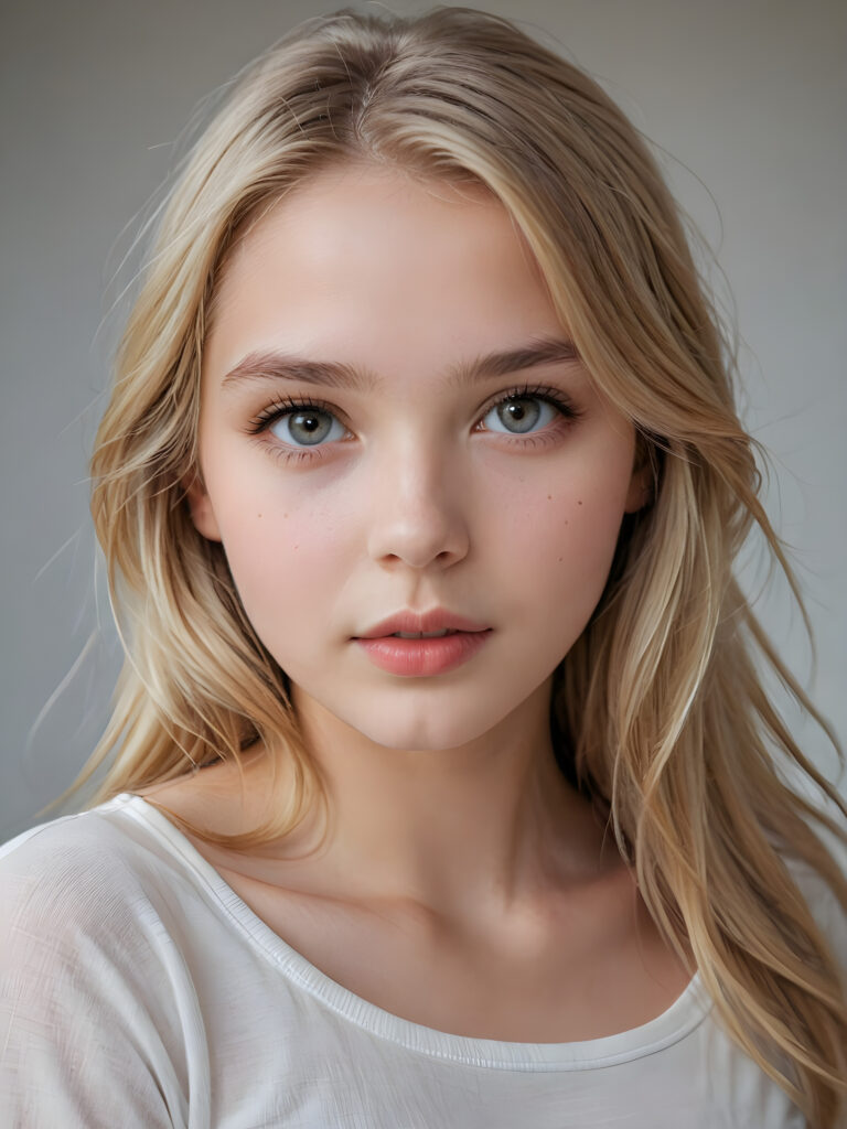 a beautiful and detailed portrait of a young and pretty white-skinned model girl, 14 years old, long straight soft blonde hair falls over her shoulders, she wears a thin short t-shirt and looks seductively at the viewer with her big shining eyes, full lips and mouth slightly open, her skin is flawlessly beautiful, she has a wonderfull curved body ((side view))