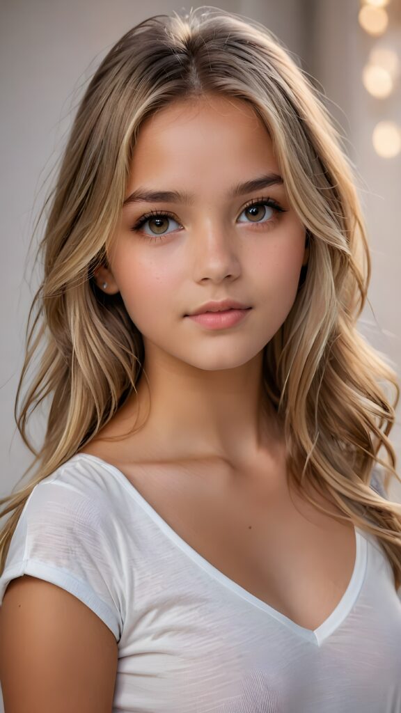 a beautiful and detailed portrait of a young and pretty tanned model girl, 14 years old, long straight soft blonde hair falls over her shoulders, she wears a thin short t-shirt with deep v-neck and looks seductively at the viewer with her big shining eyes, full lips, her skin is flawlessly beautiful, she has a wonderfull curved body ((side view))