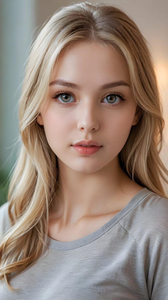 a beautiful and detailed portrait of a young white-skinned model girl, long straight soft blonde hair falls over her shoulders, she wears a thin t-shirt and looks seductively at the viewer with her big shining eyes, full lips and mouth slightly open, her skin is flawlessly beautiful, she has a wonderfull curved body