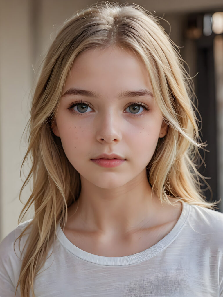 a beautiful and detailed portrait of a young and pretty white-skinned sad model girl, 14 years old, long straight soft blonde hair falls over her shoulders, she wears a thin short t-shirt and looks at the viewer with her big shining eyes, full lips, her skin is flawlessly beautiful, she has a wonderfull curved body ((side view))