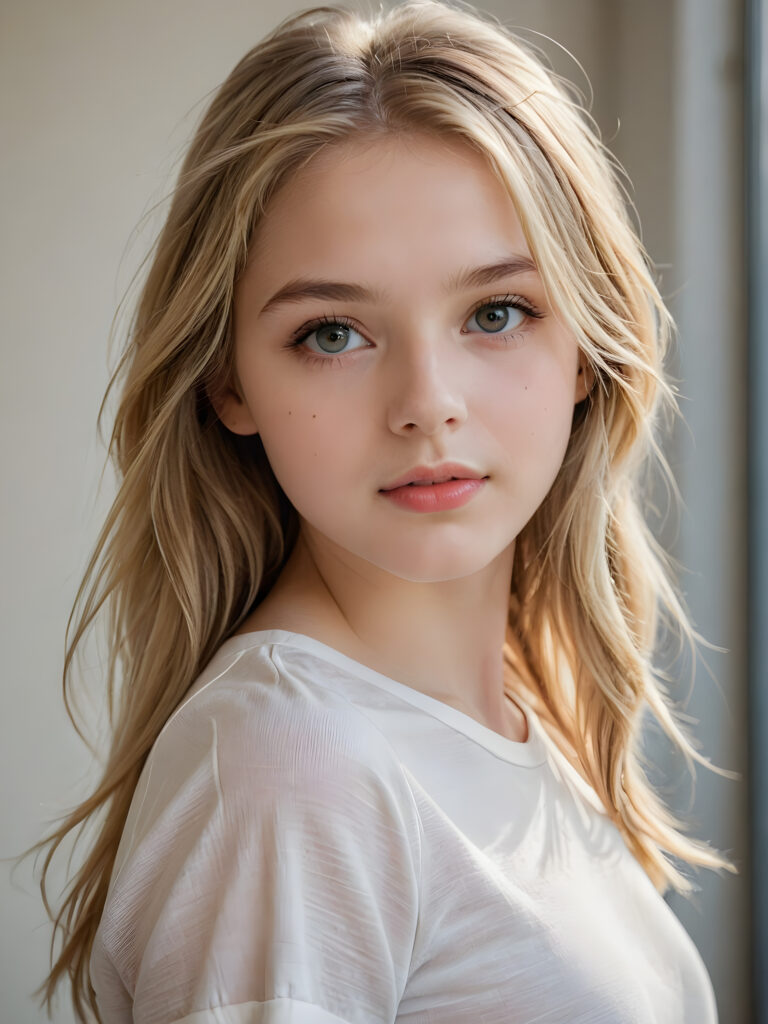 a beautiful and detailed portrait of a young and pretty white-skinned model girl, 14 years old, long straight soft blonde hair falls over her shoulders, she wears a thin short t-shirt, big shining eyes, full lips, her skin is flawlessly beautiful, she has a wonderfull curved body ((side view))