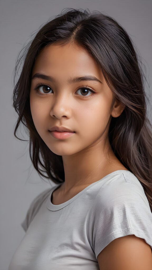 a beautiful and detailed portrait of a young brown-skinned girl, 13 years old, long, straight obsidian hair falls over her shoulders, she wears a thin t-shirt and looks seductively at the viewer with her big shining eyes, full lips and mouth slightly open, her silvery skin is flawlessly beautiful, side view, upper body, ((grey background))