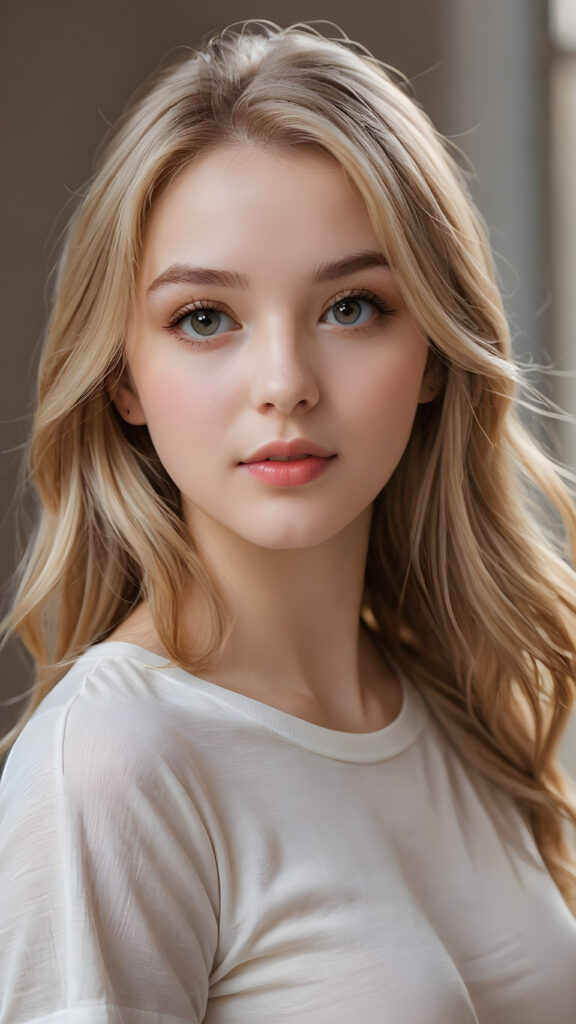 a beautiful and detailed portrait of a young white-skinned model girl, long straight soft blonde hair falls over her shoulders, she wears a thin t-shirt and looks seductively at the viewer with her big shining eyes, full lips and mouth slightly open, her skin is flawlessly beautiful, she has a wonderfull curved body