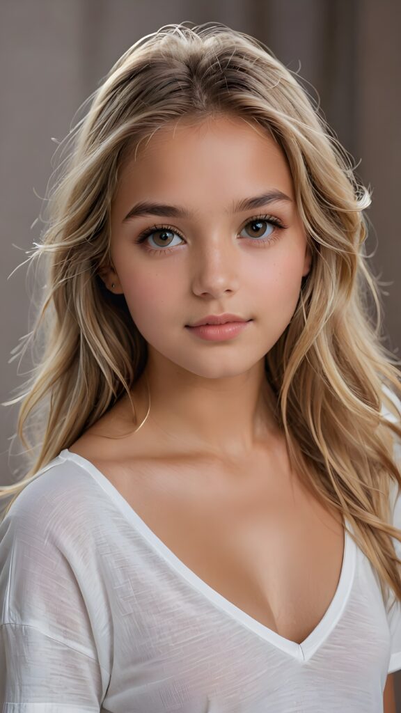 a beautiful and detailed portrait of a young and pretty tanned model girl, 14 years old, long straight soft blonde hair falls over her shoulders, she wears a thin short t-shirt with deep v-neck and looks seductively at the viewer with her big shining eyes, full lips, her skin is flawlessly beautiful, she has a wonderfull curved body ((side view))