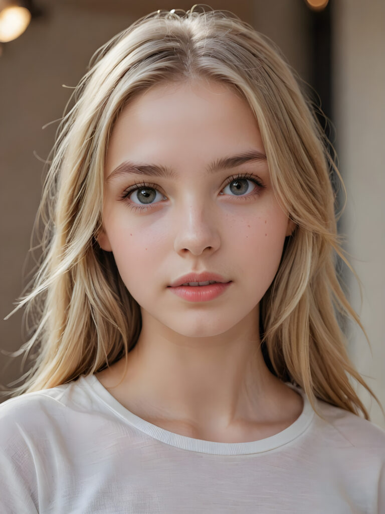 a beautiful and detailed portrait of a young and pretty white-skinned model girl, 14 years old, long straight soft blonde hair falls over her shoulders, she wears a thin short t-shirt and looks at the viewer with her big shining eyes, full lips and mouth slightly open, her skin is flawlessly beautiful, she has a wonderfull curved body ((side view))