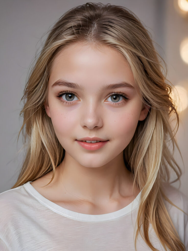 a beautiful and detailed portrait of a young and pretty white-skinned model girl, 14 years old, long straight soft blonde hair falls over her shoulders, she wears a thin short t-shirt and looks very happy an seductively at the viewer with her big shining eyes, full lips and mouth slightly open, her skin is flawlessly beautiful, she has a wonderfull curved body ((side view))