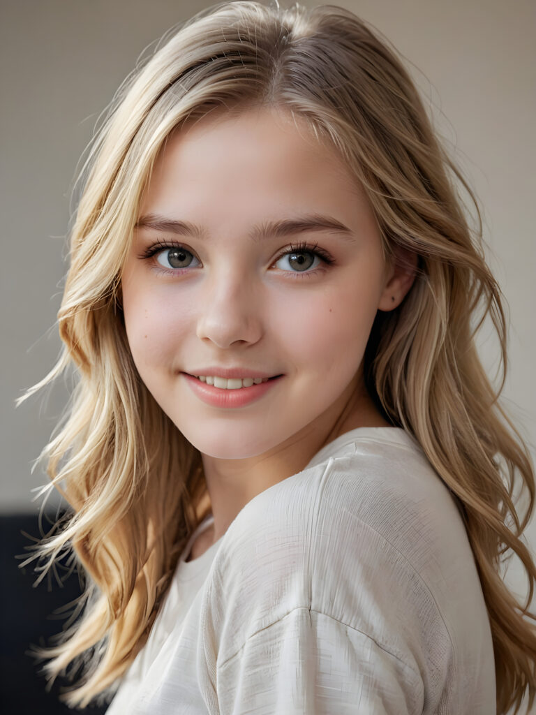 a beautiful and detailed portrait of a young and pretty white-skinned model girl, 14 years old, long straight soft blonde hair falls over her shoulders, she wears a thin short t-shirt and looks at the viewer with her big shining eyes, she smile, full lips and mouth slightly open, her skin is flawlessly beautiful, she has a wonderfull curved body