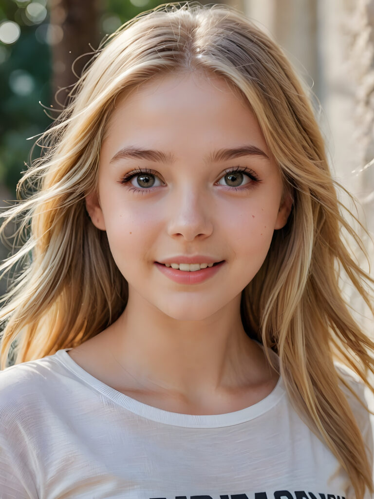 a beautiful and detailed portrait of a young and pretty white-skinned model girl, in absolute joy and happiness, 14 years old, long straight soft blonde hair falls over her shoulders, she wears a thin short t-shirt, big shining eyes, full lips, her skin is flawlessly beautiful, she has a wonderfull curved body ((side view))