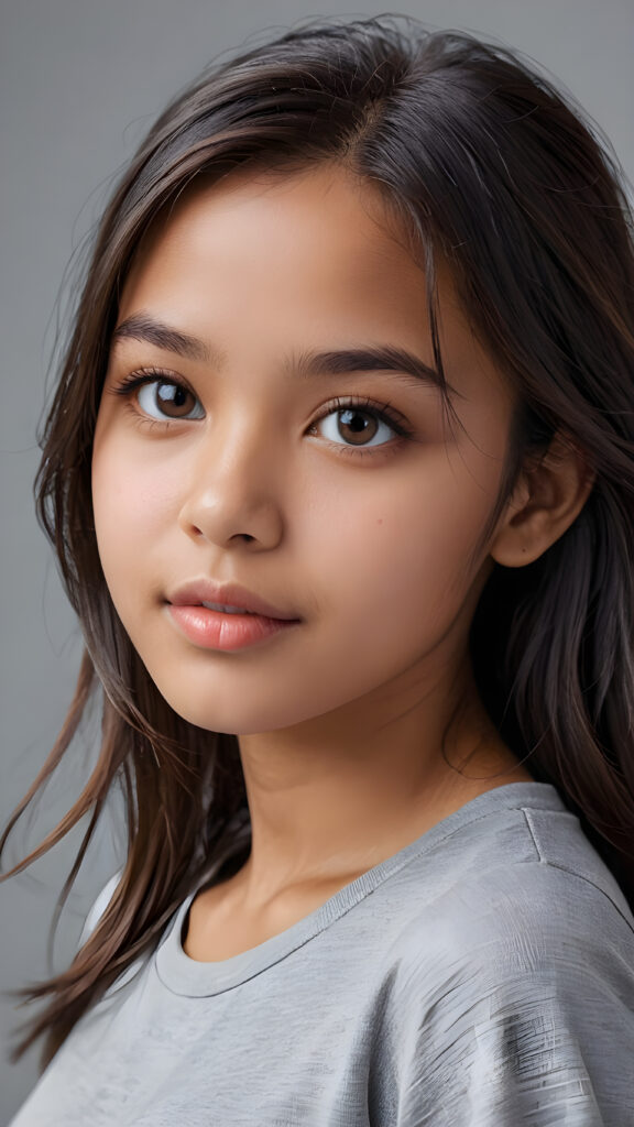 a beautiful and detailed portrait of a young brown-skinned girl, 13 years old, long, straight obsidian hair falls over her shoulders, she wears a thin t-shirt and looks seductively at the viewer with her big shining eyes, full lips and mouth slightly open, her silvery skin is flawlessly beautiful, side view, upper body, ((grey background))