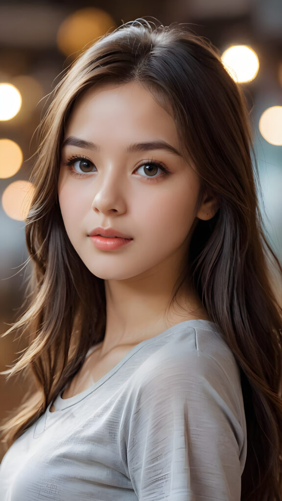 a beautiful and detailed portrait of a young girl, long, straight hair falls over her shoulders, she wears a thin t-shirt and looks seductively at the viewer with her big shining eyes, full lips and mouth slightly open, her silvery skin is flawlessly beautiful, side view, upper body