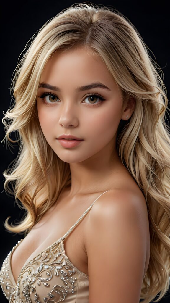 a beautiful and detailed portrait of a young and pretty tanned busty girl, 14 years old, long straight soft blonde hair falls over her shoulders, she wears a thin short t-shirt with deep v-neck and looks seductively at the viewer with her big shining eyes, full lips, her skin is flawlessly beautiful, she has a wonderfull curved body ((side view))